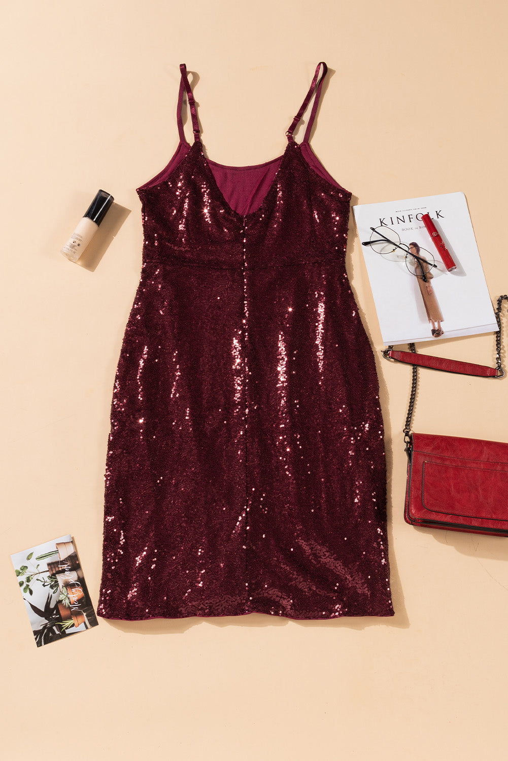 Wine Red Sequin Side Slit Cami Dress - EBEPEX