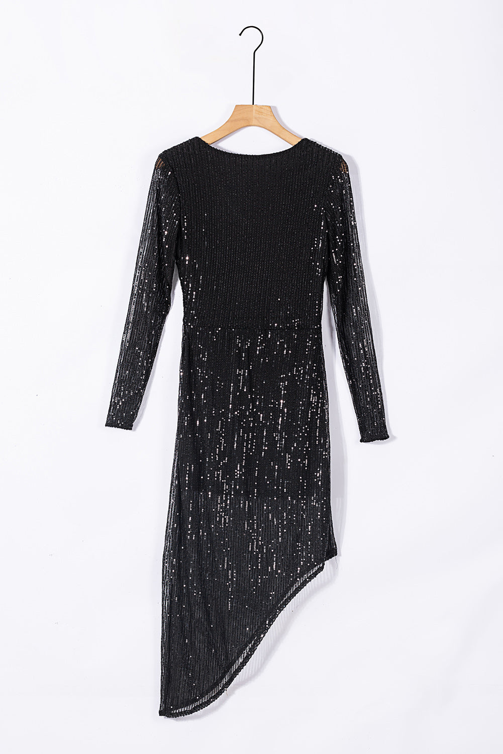 Black V Neck Long Sleeve Asymmetric Sequin Dress - EBEPEX
