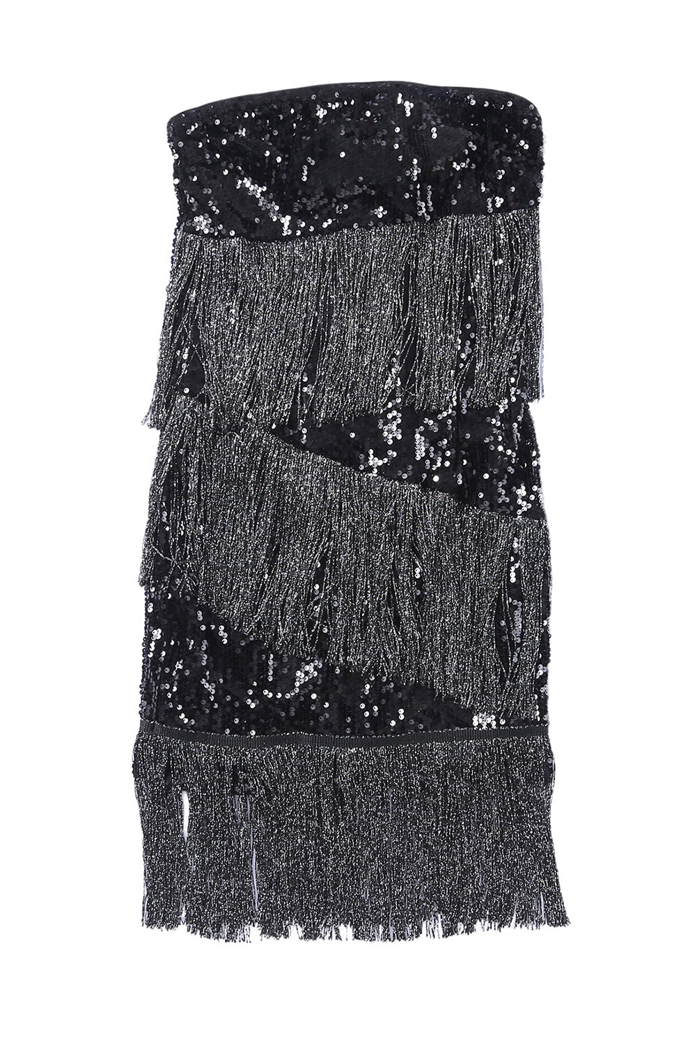 Black Strapless Fringe Skinny Sequin Dress - EBEPEX