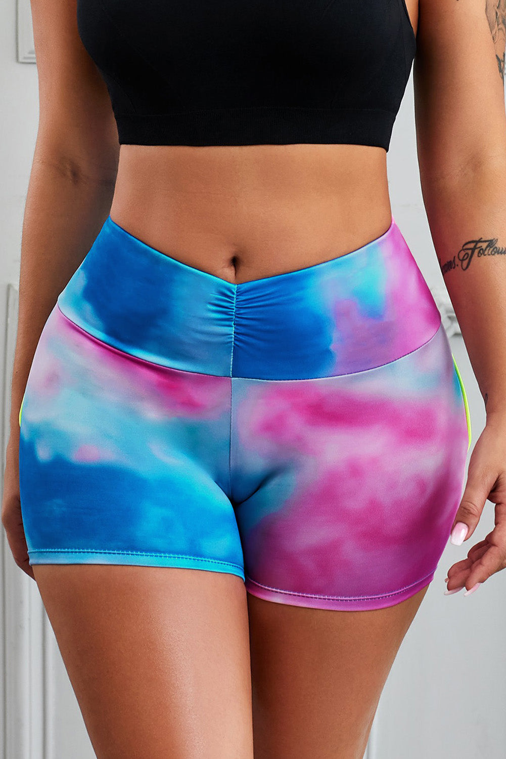 Blue Printed High Waist Lift Up Yoga Shorts