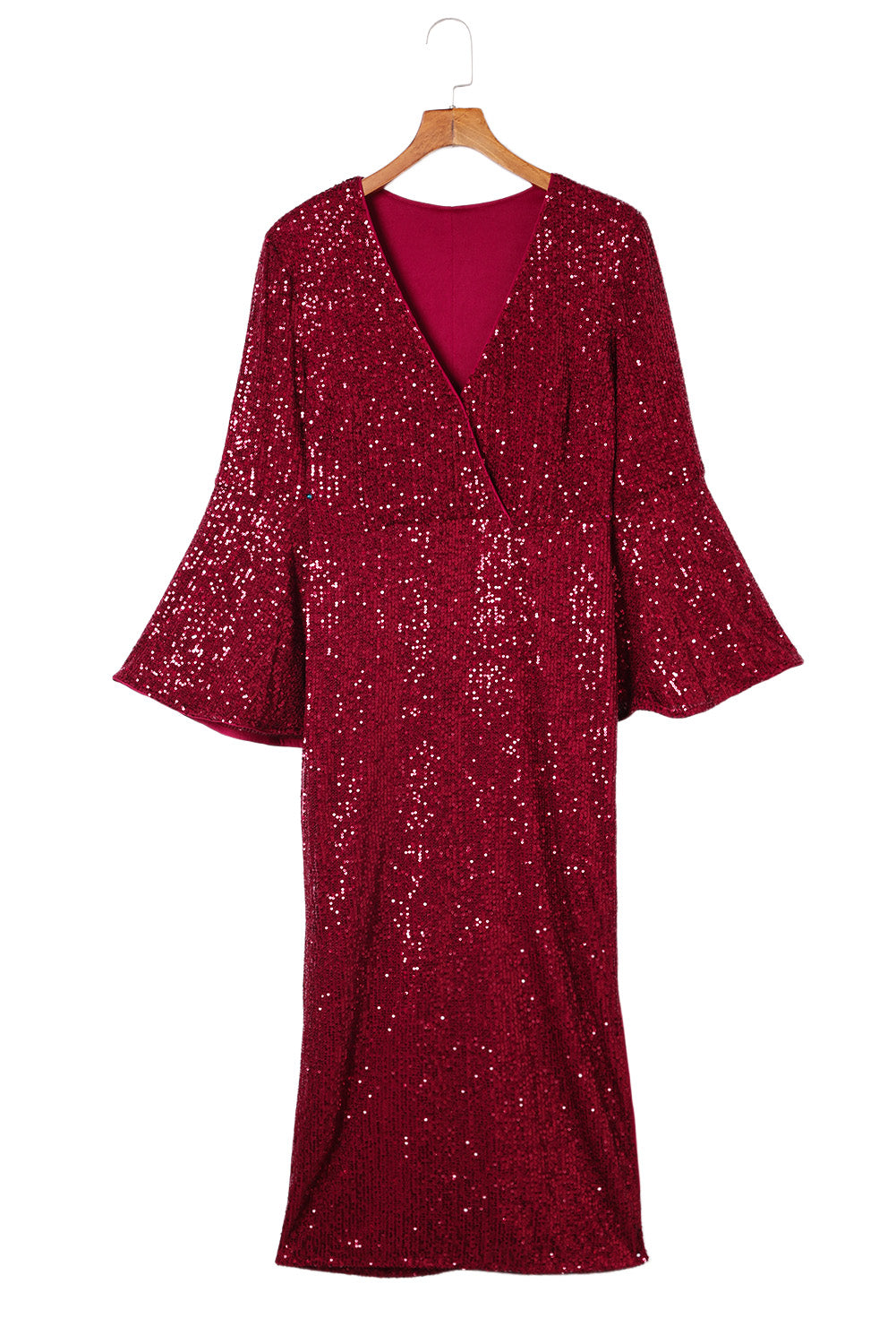 Red Deep V Neck Bell Sleeve Sequin Dress - EBEPEX