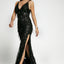 Black Slit Deep V Neck Sequined Fringe Evening Gown