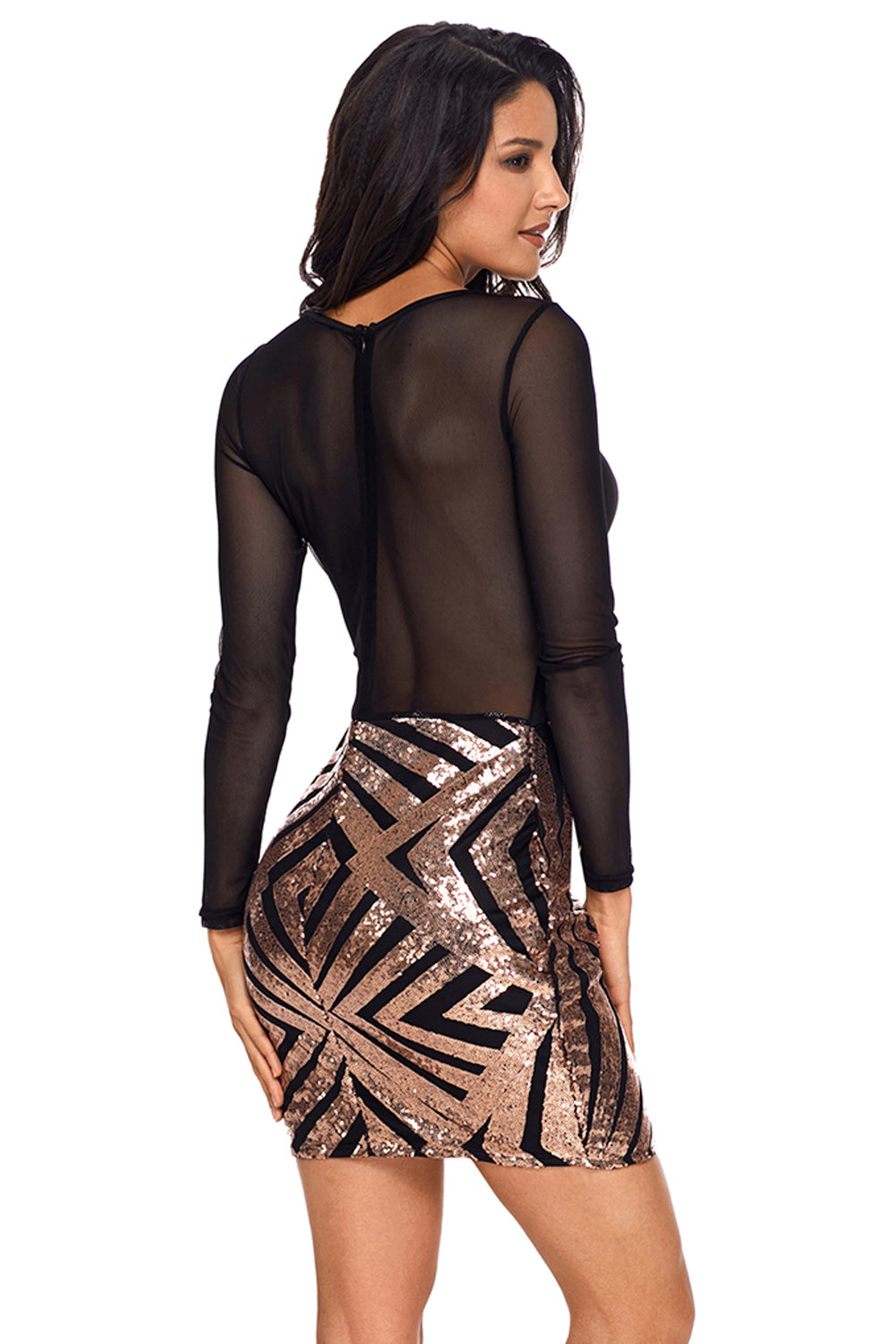 Vestido de club de champán de manga larga de malla transparente negra - EBEPEX