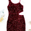 Red Sequins Spaghetti Straps Waist Cut-out Mini Dress - EBEPEX