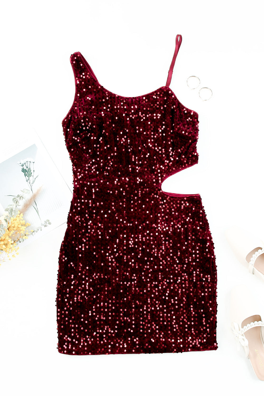 Red Sequins Spaghetti Straps Waist Cut-out Mini Dress - EBEPEX