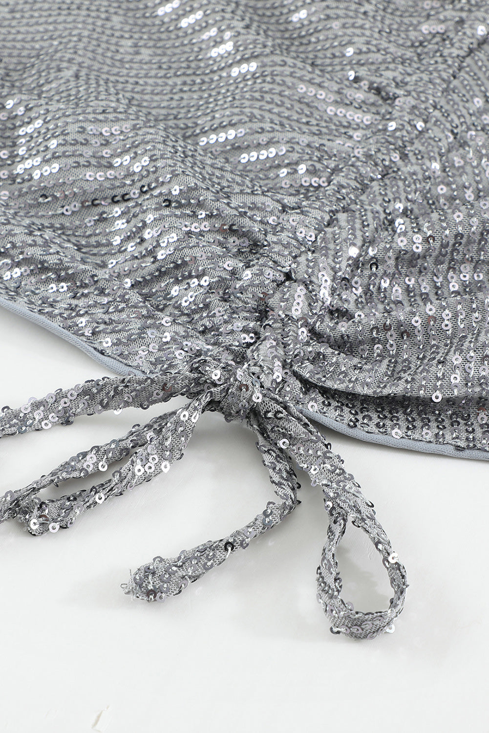 Gray Sequin Deep V Neck Side Shirring Long Sleeve Mini Dress - EBEPEX
