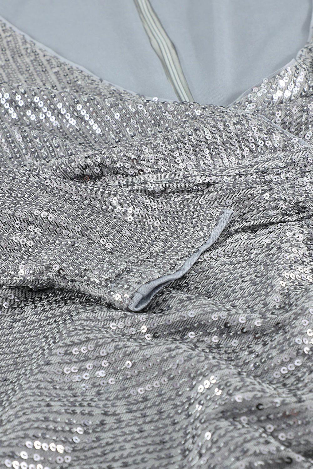Gray Sequin Deep V Neck Side Shirring Long Sleeve Mini Dress - EBEPEX