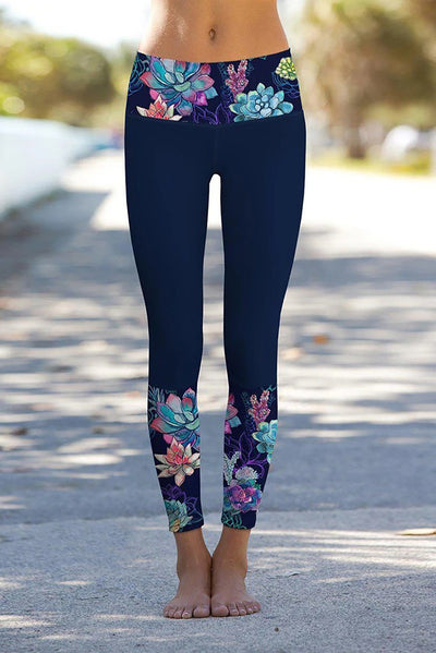 Navy Floral Printed Details Leggings Yoga Pants