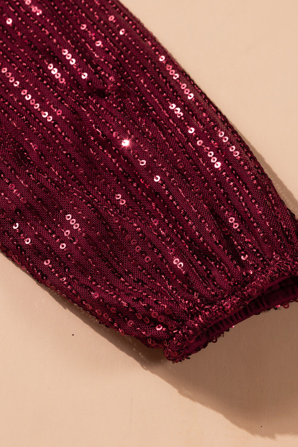 Wine Red Loose Long Sleeve Sequin Dress with Sash - EBEPEX