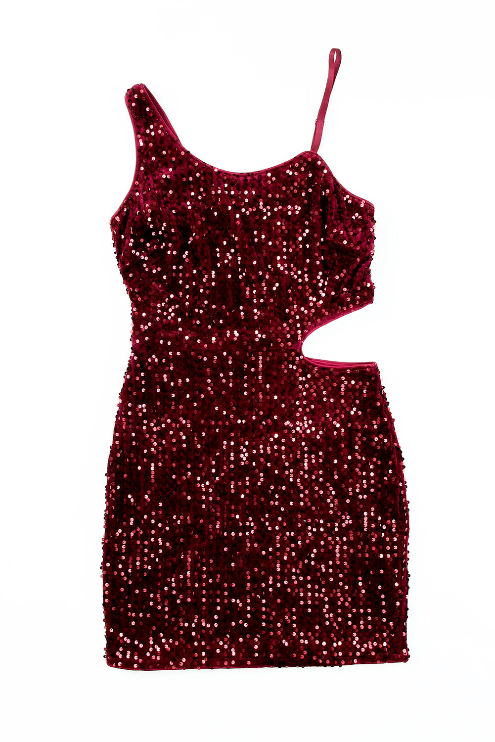 Red Sequins Spaghetti Straps Waist Cut-out Mini Dress - EBEPEX