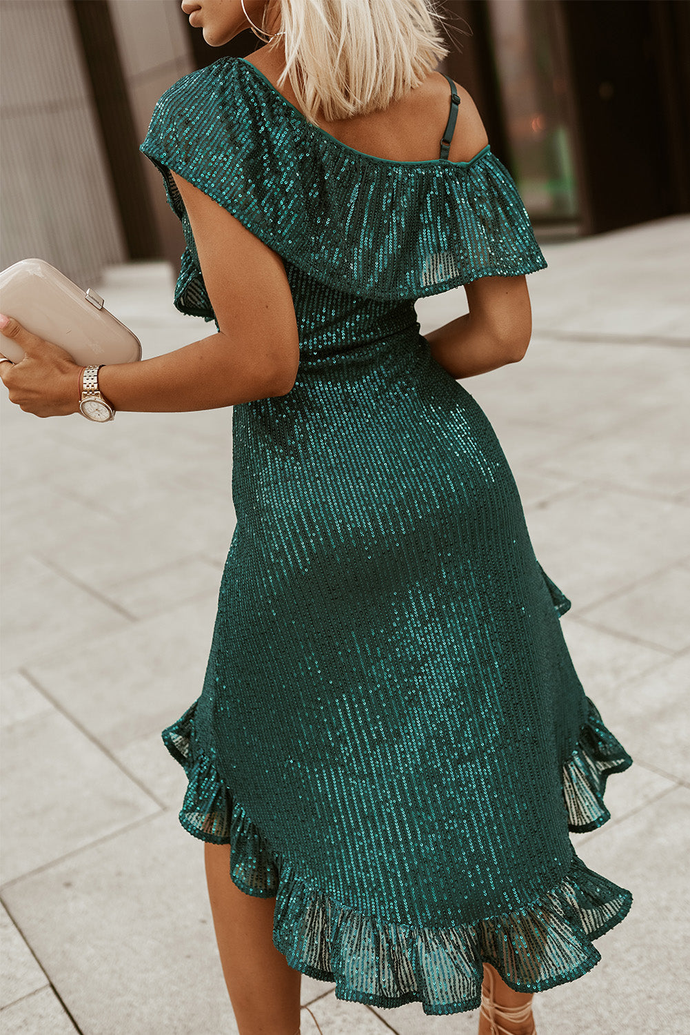 Green One-Shoulder Sling Ruffled Sequin Dress - EBEPEX