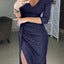 Blue Glitter Ruched Thigh Slit Party Metallic Dress - EBEPEX