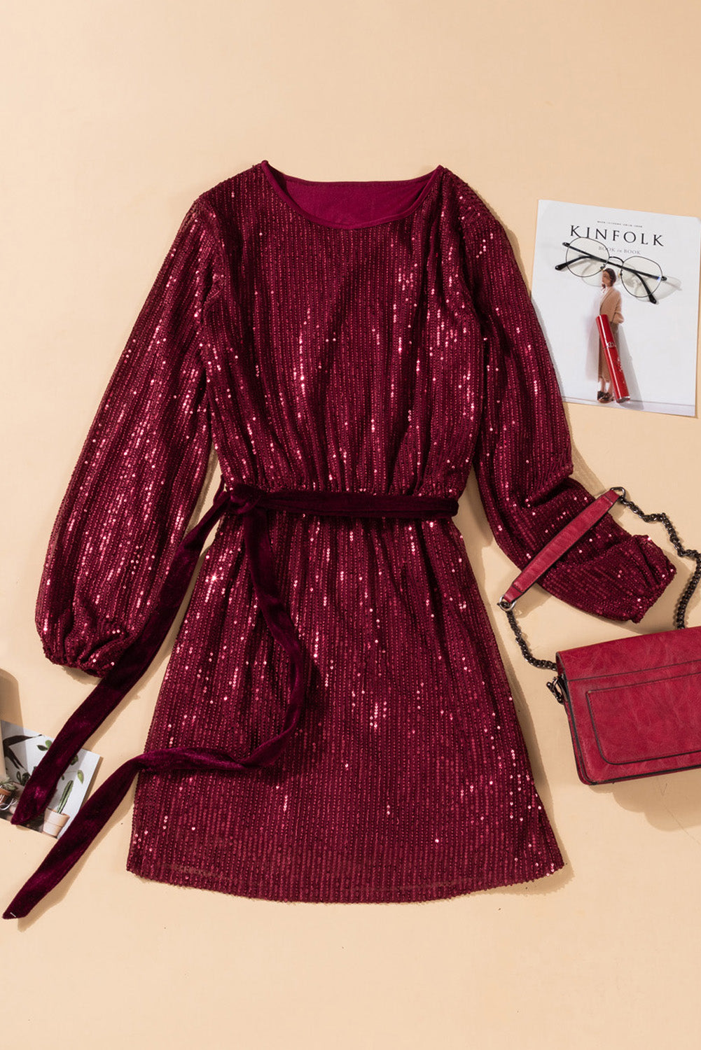 Wine Red Loose Long Sleeve Sequin Dress with Sash - EBEPEX