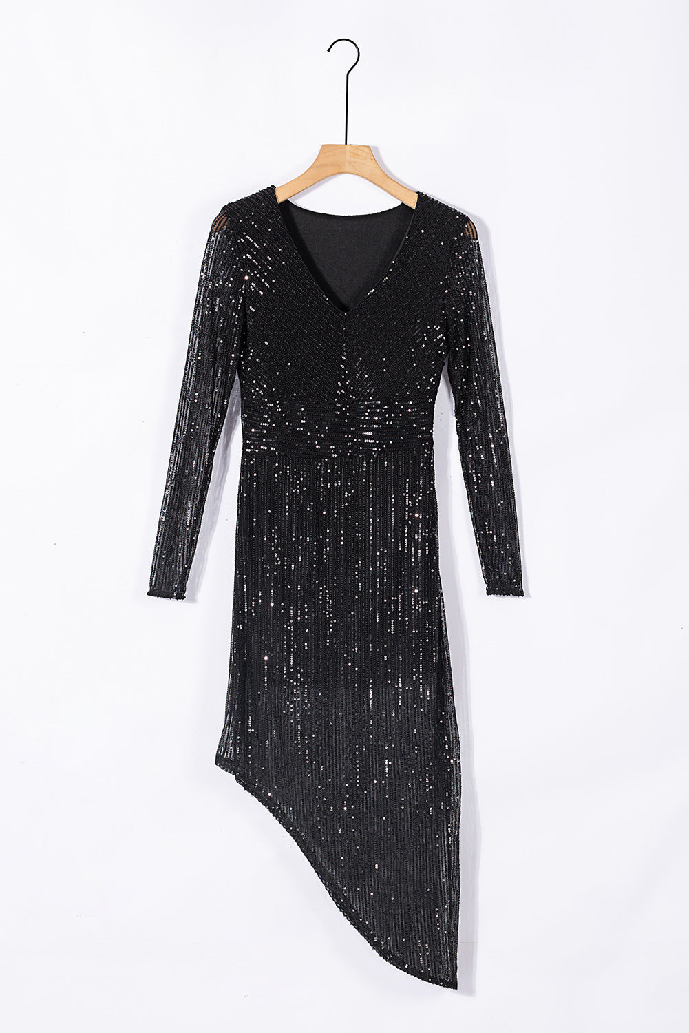 Black V Neck Long Sleeve Asymmetric Sequin Dress - EBEPEX