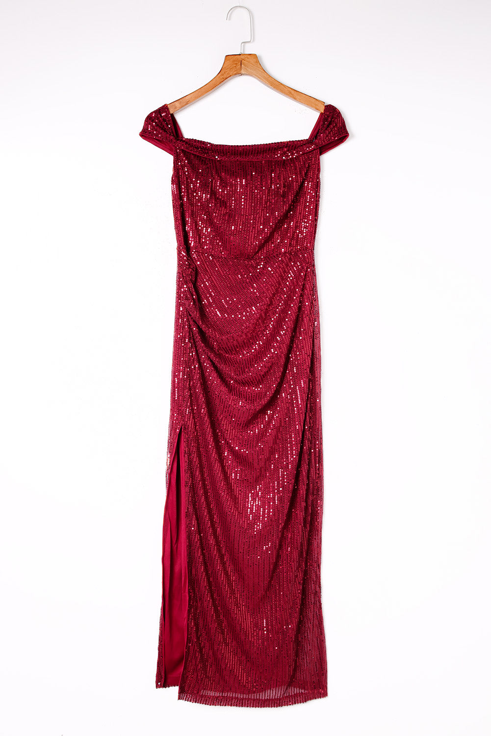 Red Off Shoulder Side Slit Bodycon Sequin Dress - EBEPEX