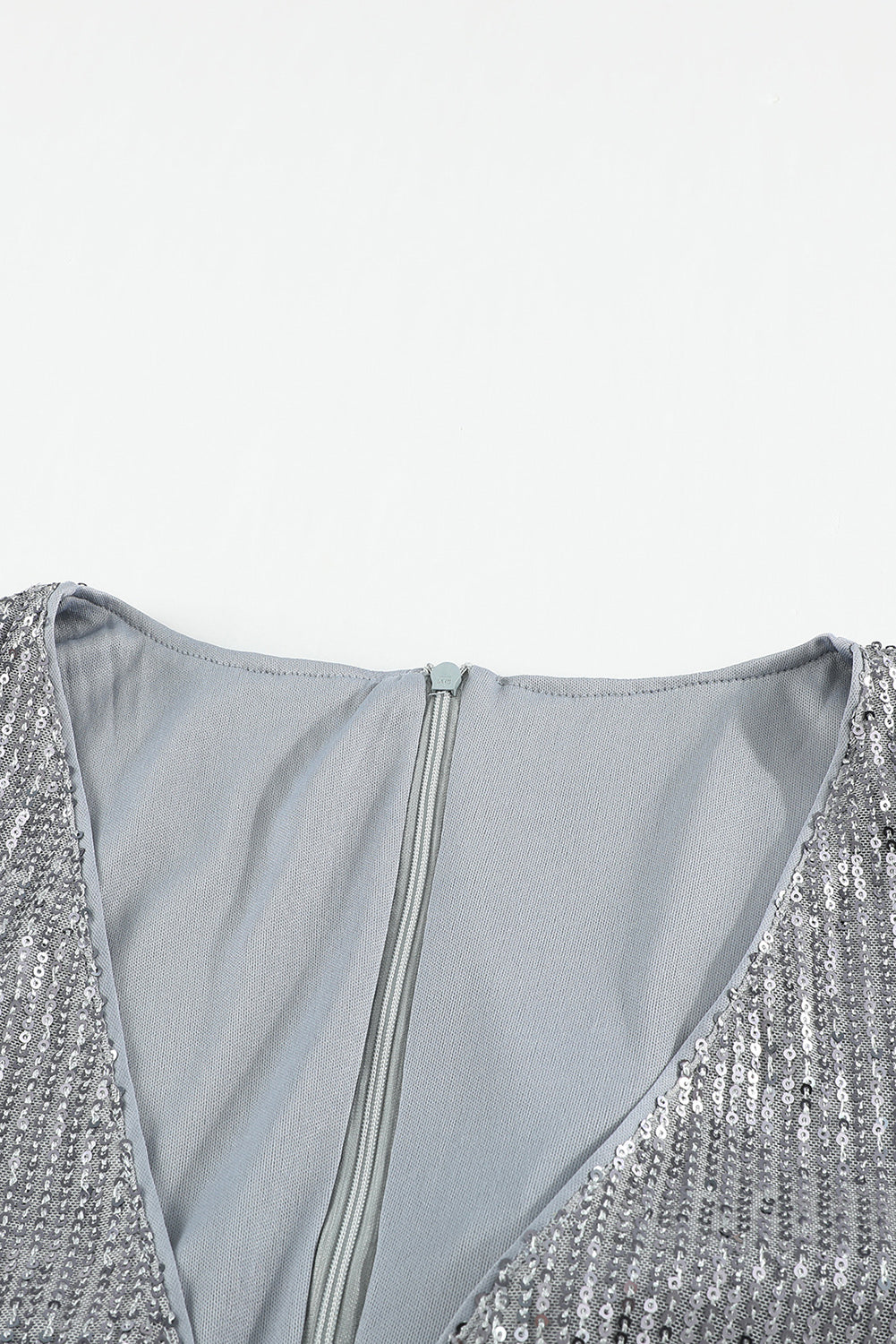Gray Sequin Deep V Neck Side Shirring Long Sleeve Mini Dress - EBEPEX