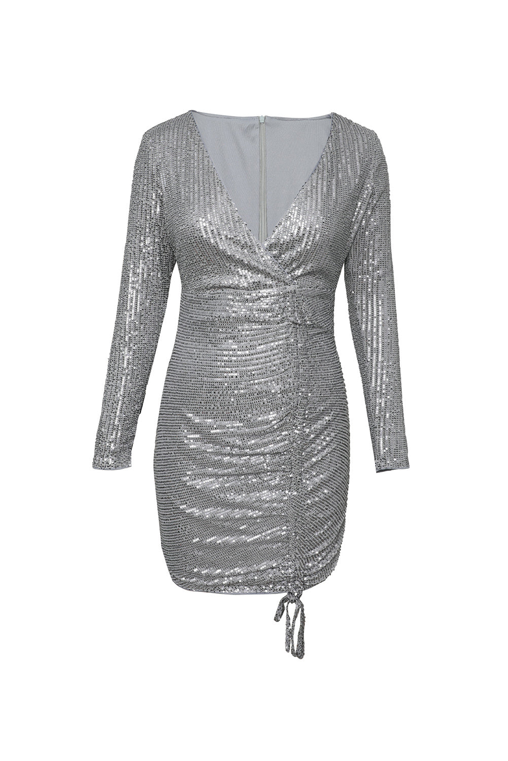 Gray Sequin Deep V Neck Side Shirring Long Sleeve Mini Dress - EBEPEX