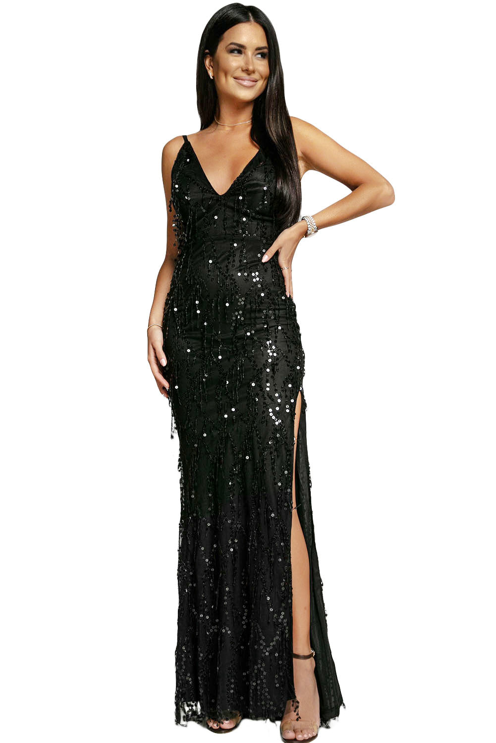 Black Slit Deep V Neck Sequined Fringe Evening Gown - EBEPEX