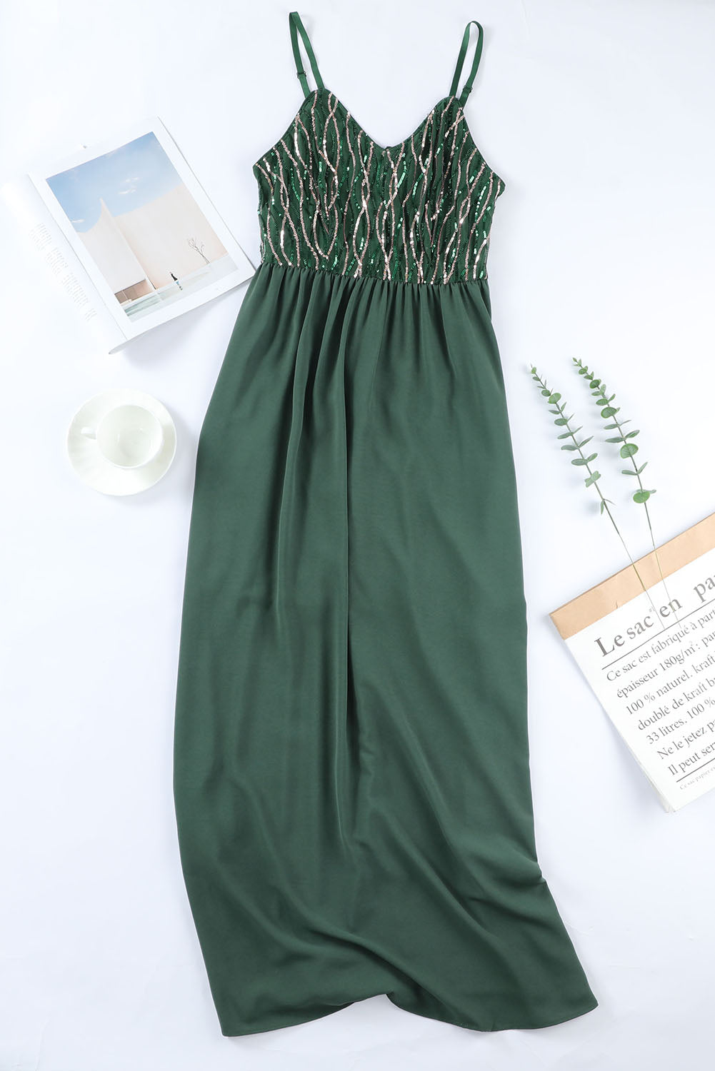 Green Sequin Lines Bodice High Waist Gown - EBEPEX