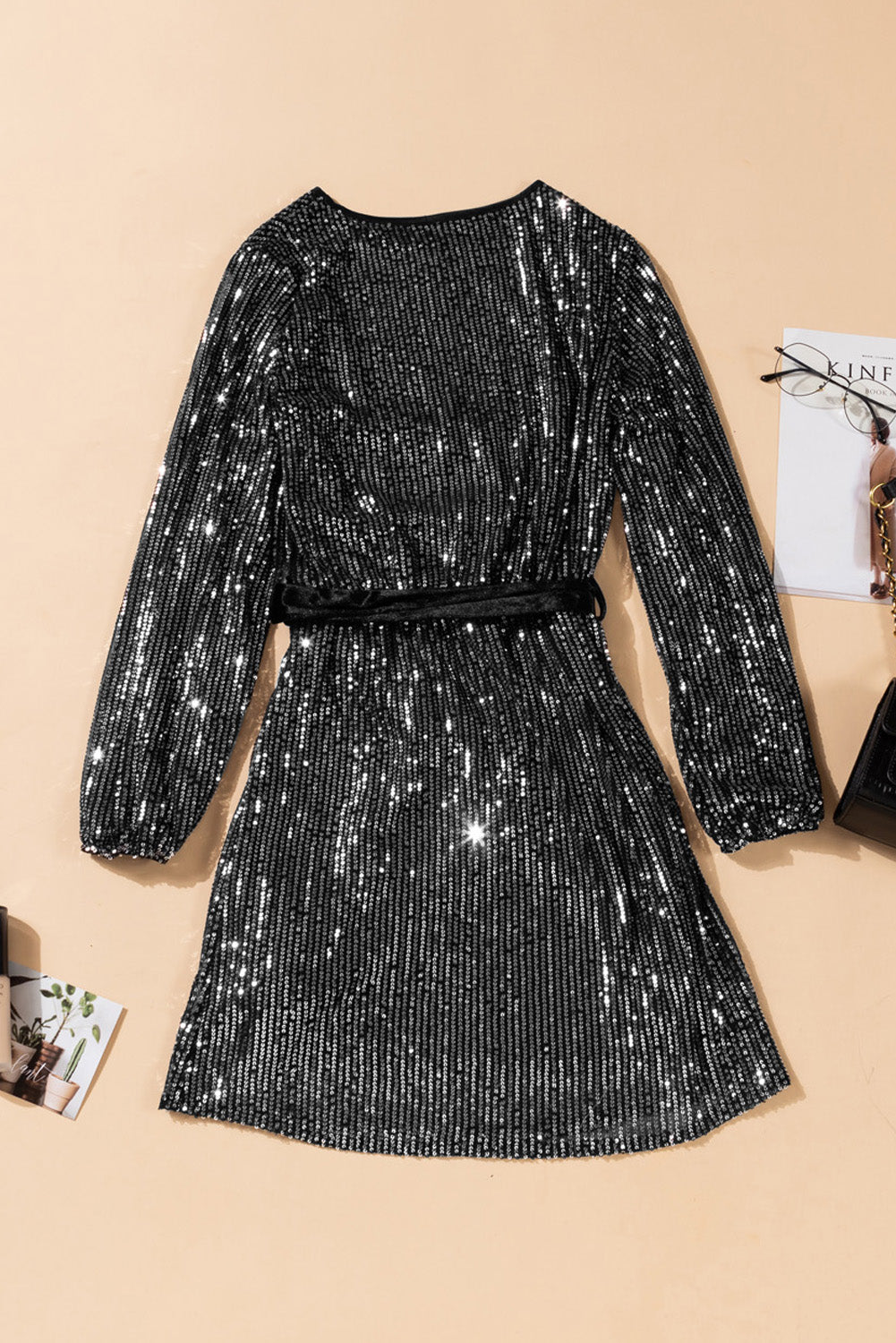 Silvery Loose Long Sleeve Sequin Dress with Sash - EBEPEX
