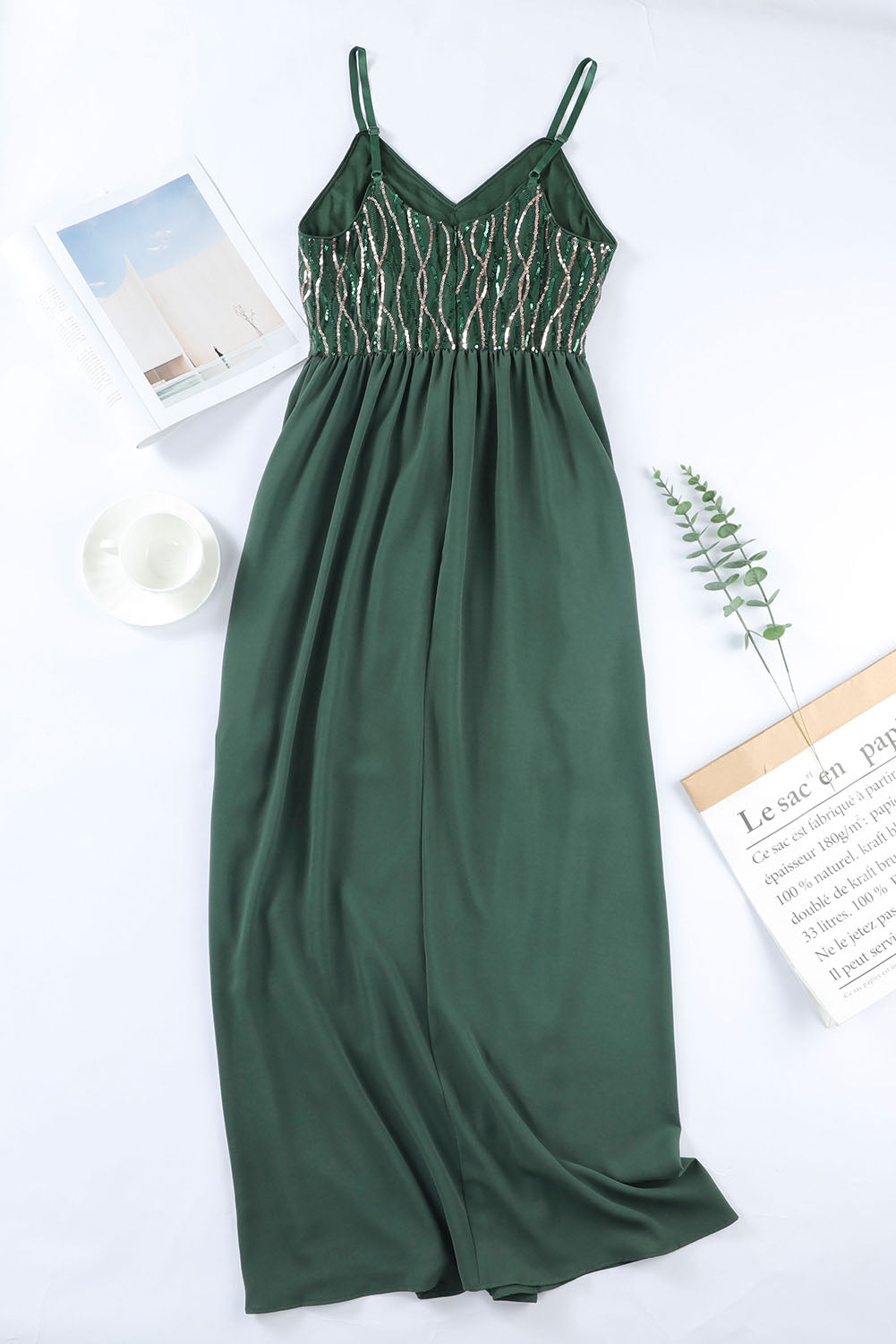 Green Sequin Lines Bodice High Waist Gown - EBEPEX
