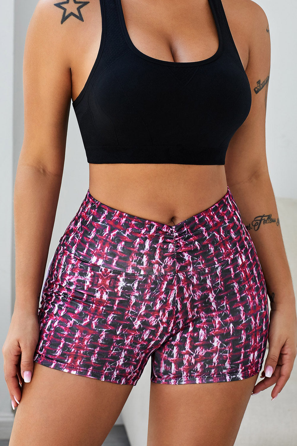 Red Printed High Waist Lift Up Yoga Shorts - EBEPEX