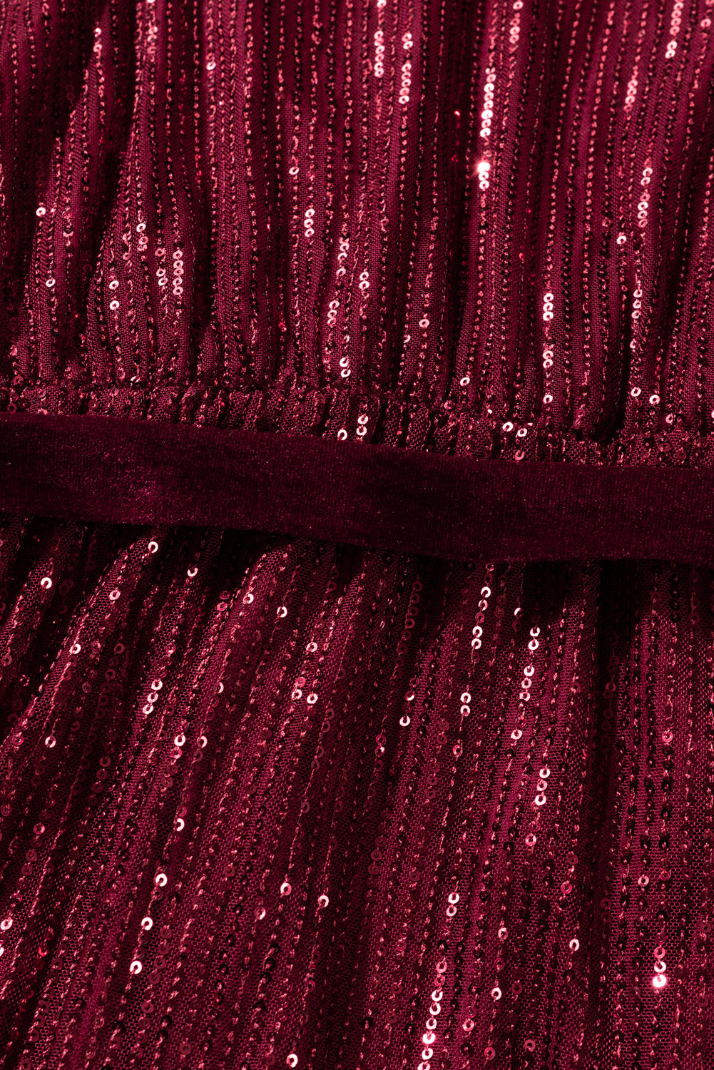 Wine Red Loose Long Sleeve Sequin Dress with Sash - EBEPEX