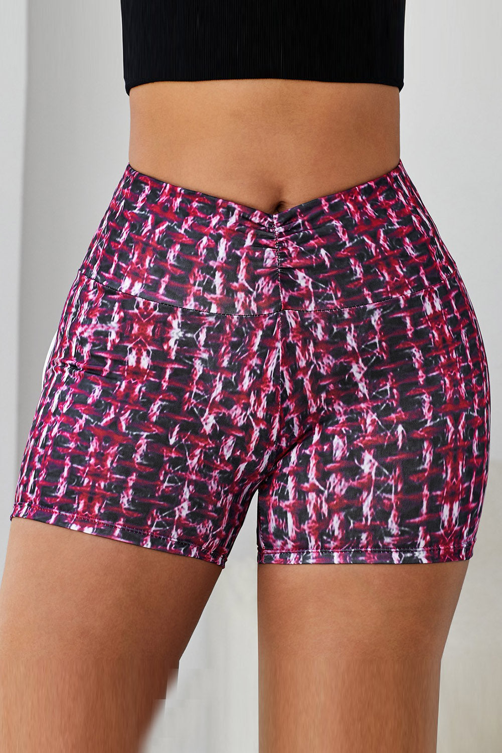 Red Printed High Waist Lift Up Yoga Shorts - EBEPEX