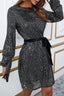 Silvery Loose Long Sleeve Sequin Dress with Sash - EBEPEX