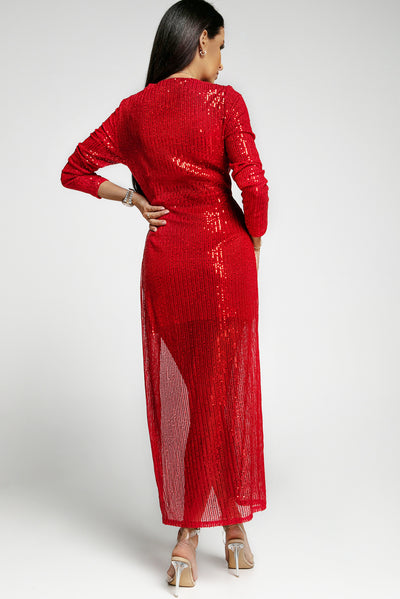 Red Sequined Georgette Wrapped Slit Dress - EBEPEX