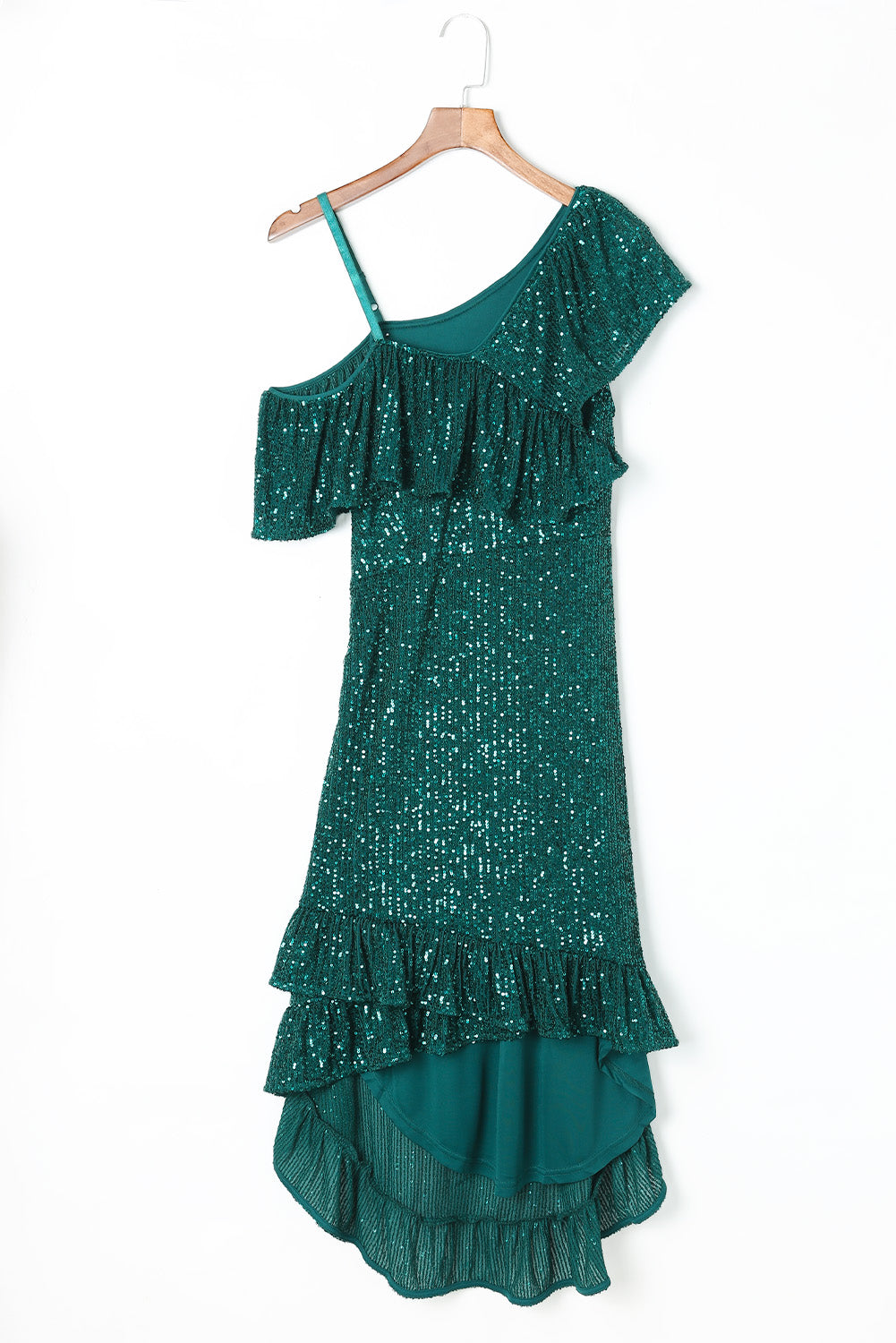 Green One-Shoulder Sling Ruffled Sequin Dress - EBEPEX