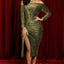 Green Off Shoulder Ruched Thigh High Slit Sequin Dress - EBEPEX