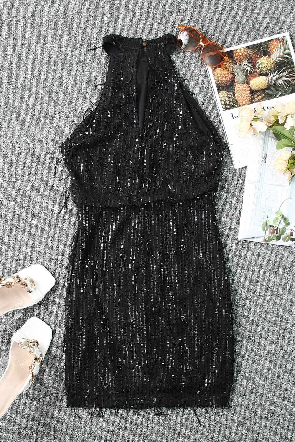 Mini vestido negro con flecos y lentejuelas - EBEPEX