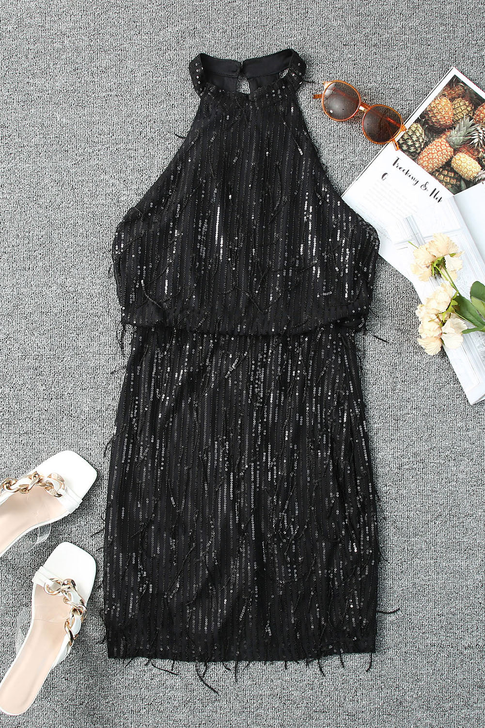 Mini vestido negro con flecos y lentejuelas - EBEPEX