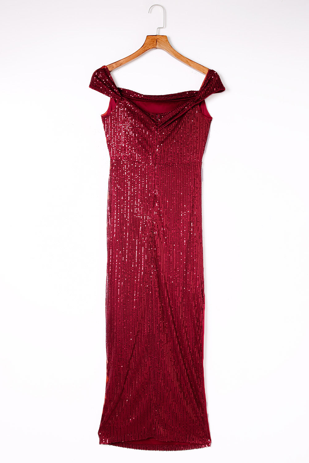 Red Off Shoulder Side Slit Bodycon Sequin Dress - EBEPEX