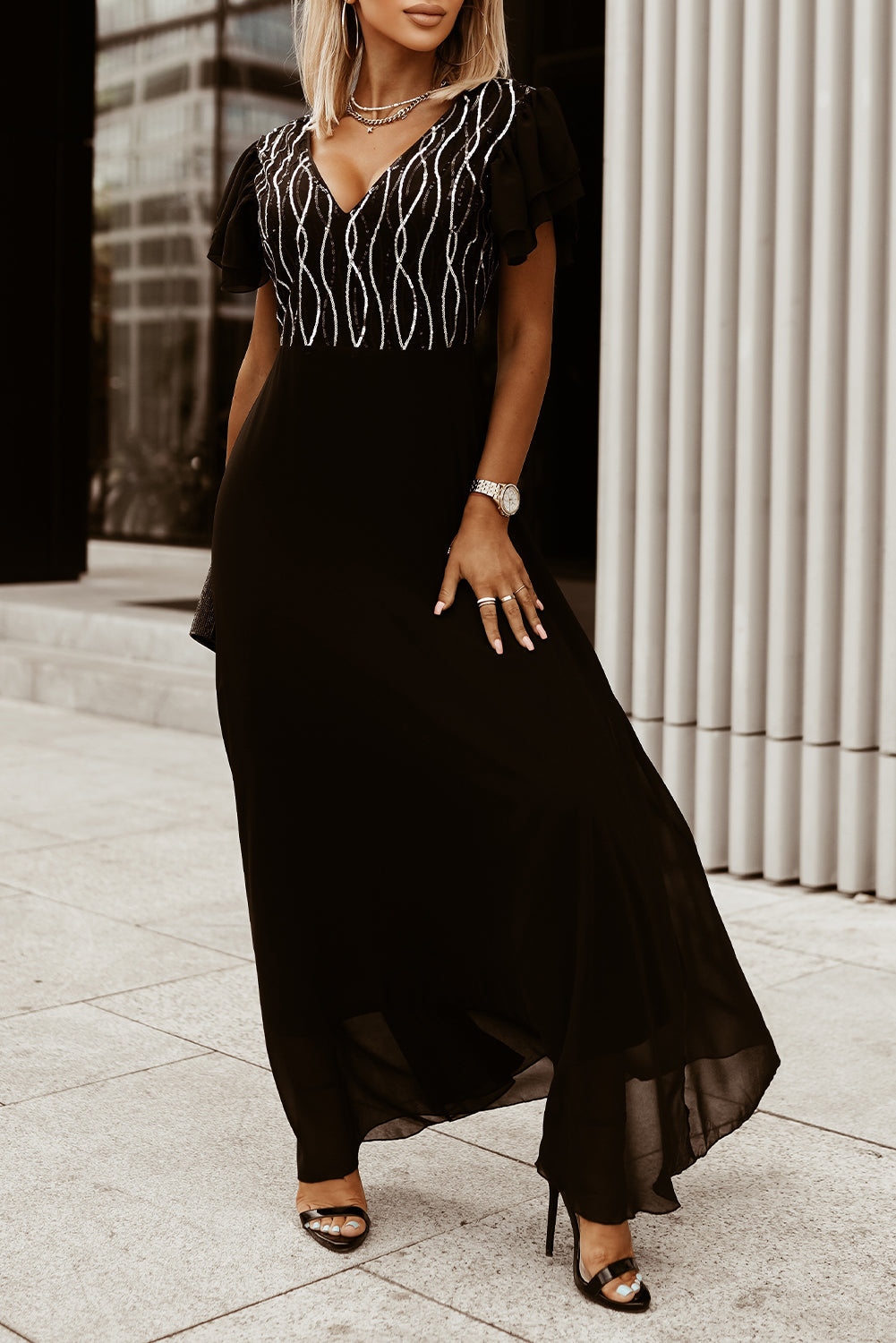 Black V-Neck Ruffle Sleeve Sequin Panel Dress