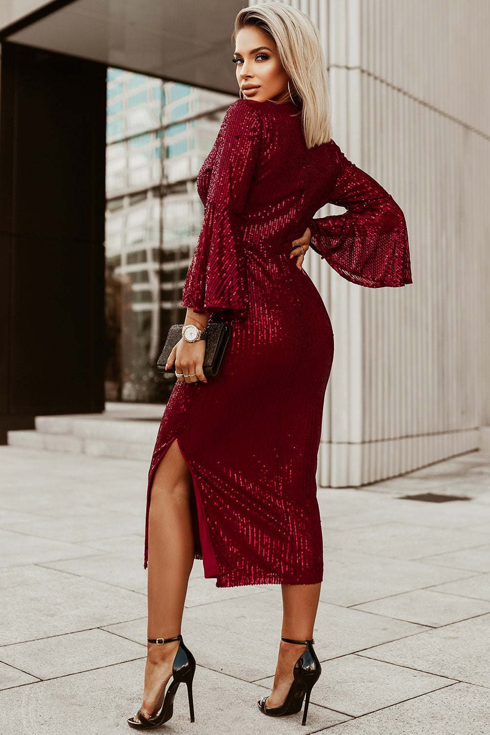 Red Deep V Neck Bell Sleeve Sequin Dress - EBEPEX