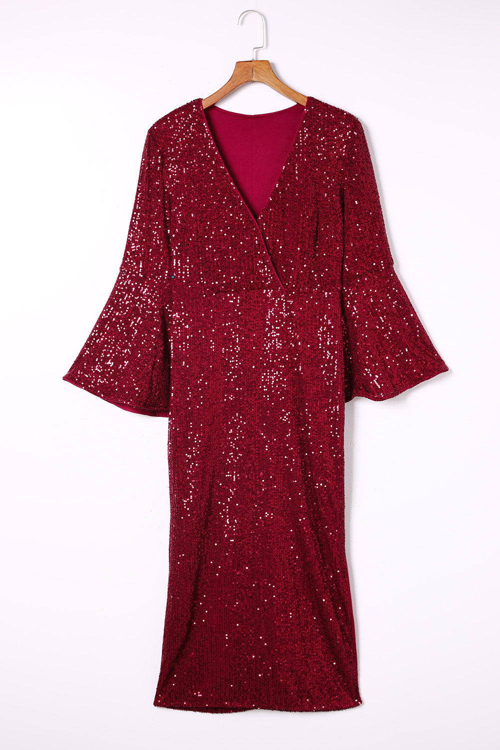 Red Deep V Neck Bell Sleeve Sequin Dress - EBEPEX