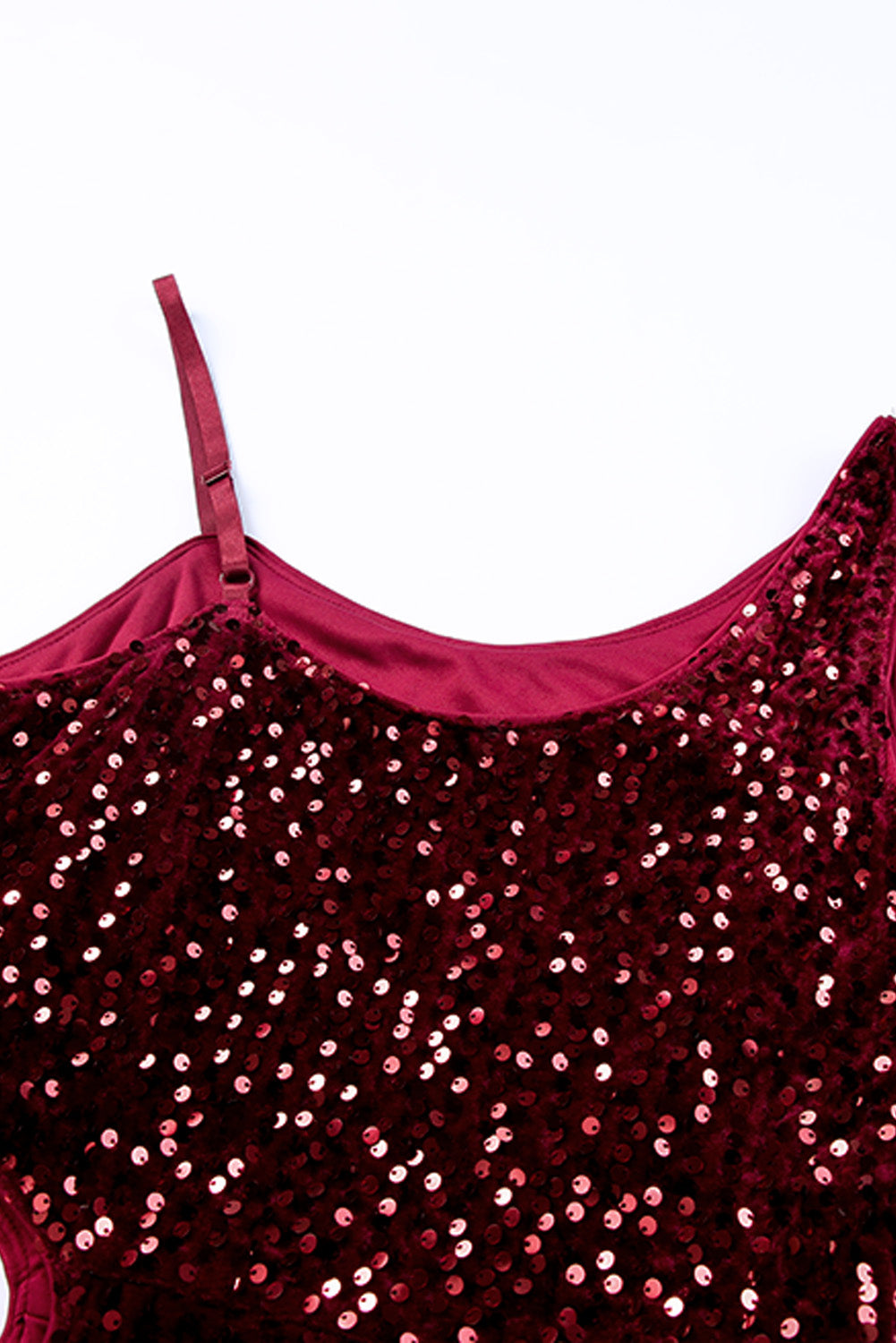 Red Sequins Spaghetti Straps Waist Cut-out Mini Dress - EBEPEX