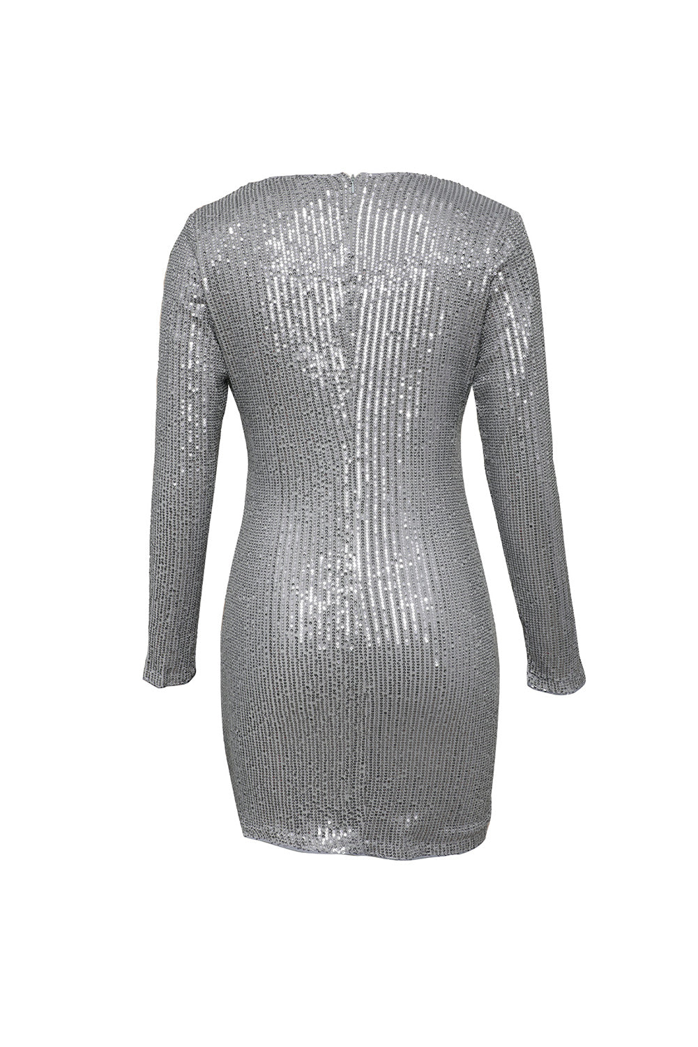 Gray Sequin Deep V Neck Side Shirring Long Sleeve Mini Dress - EBEPEX