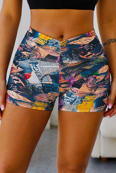 Black Printed High Waist Lift Up Yoga Shorts