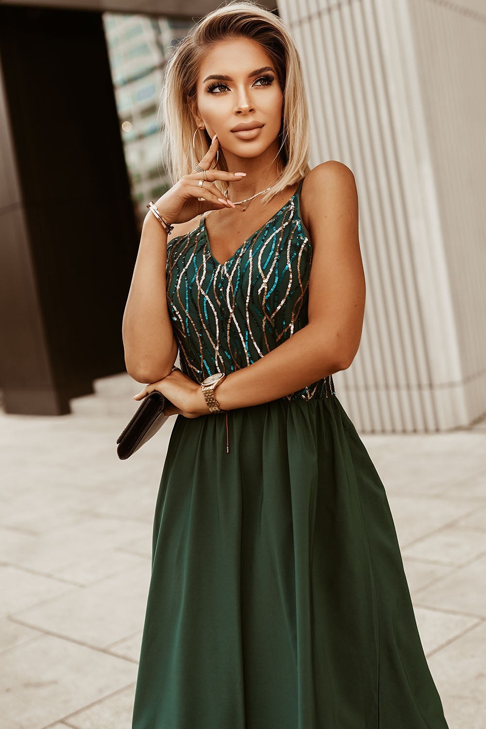 Green Sequin Lines Bodice High Waist Gown - EBEPEX