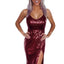 Wine Red Sequin Side Slit Cami Dress