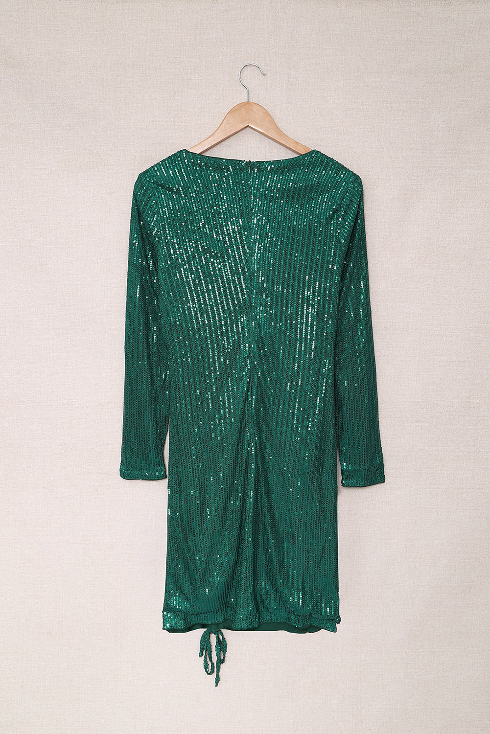 Green Sequin Deep V Neck Side Shirring Long Sleeve Mini Dress - EBEPEX