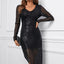 Black V Neck Long Sleeve Asymmetric Sequin Dress - EBEPEX