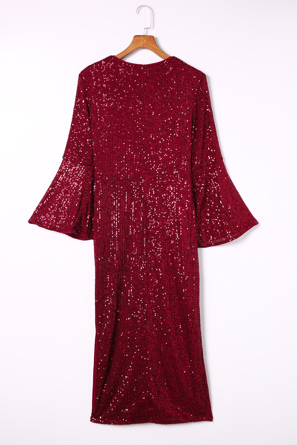 Red Deep V Neck Bell Sleeve Sequin Dress - EBEPEX