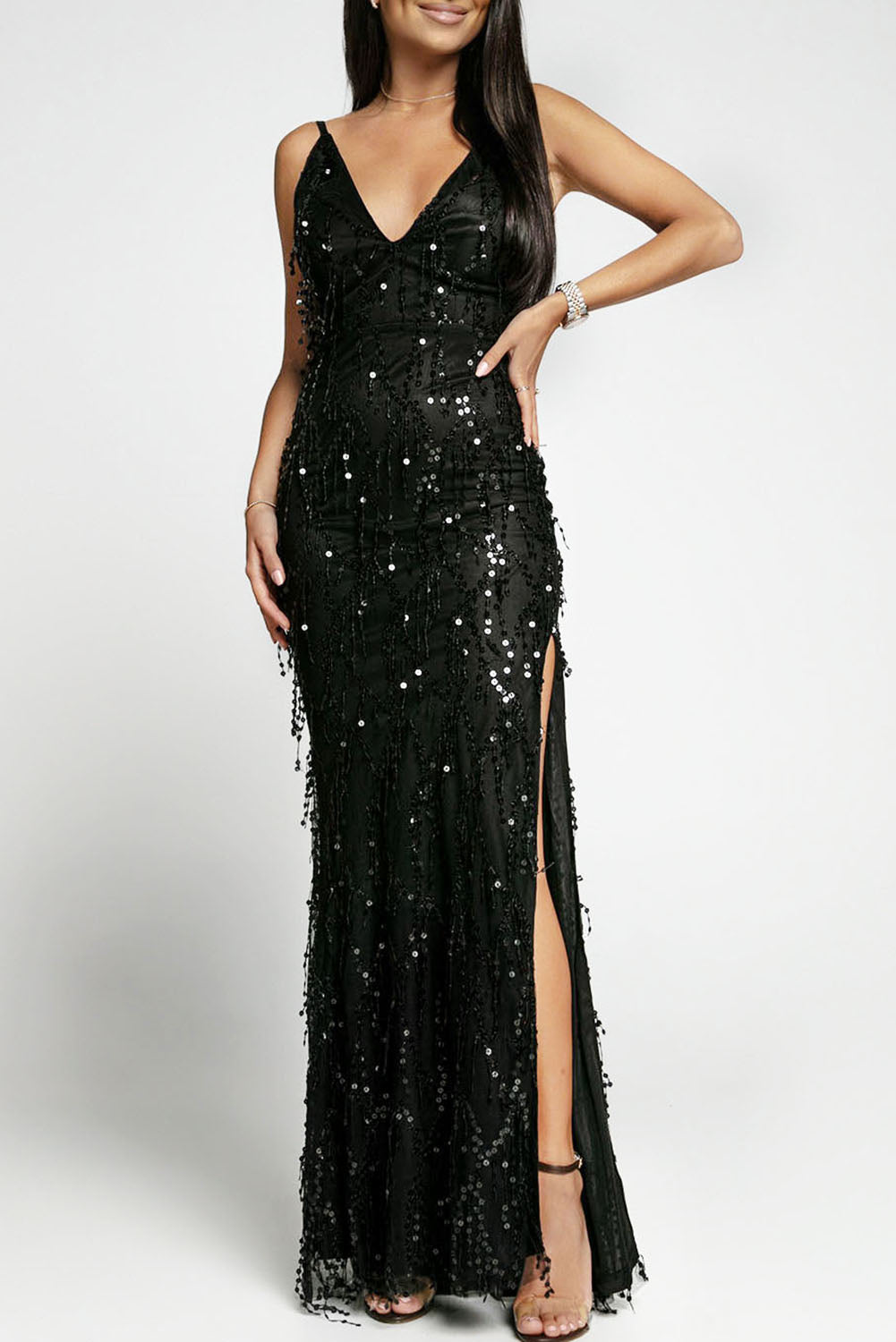 Black Slit Deep V Neck Sequined Fringe Evening Gown