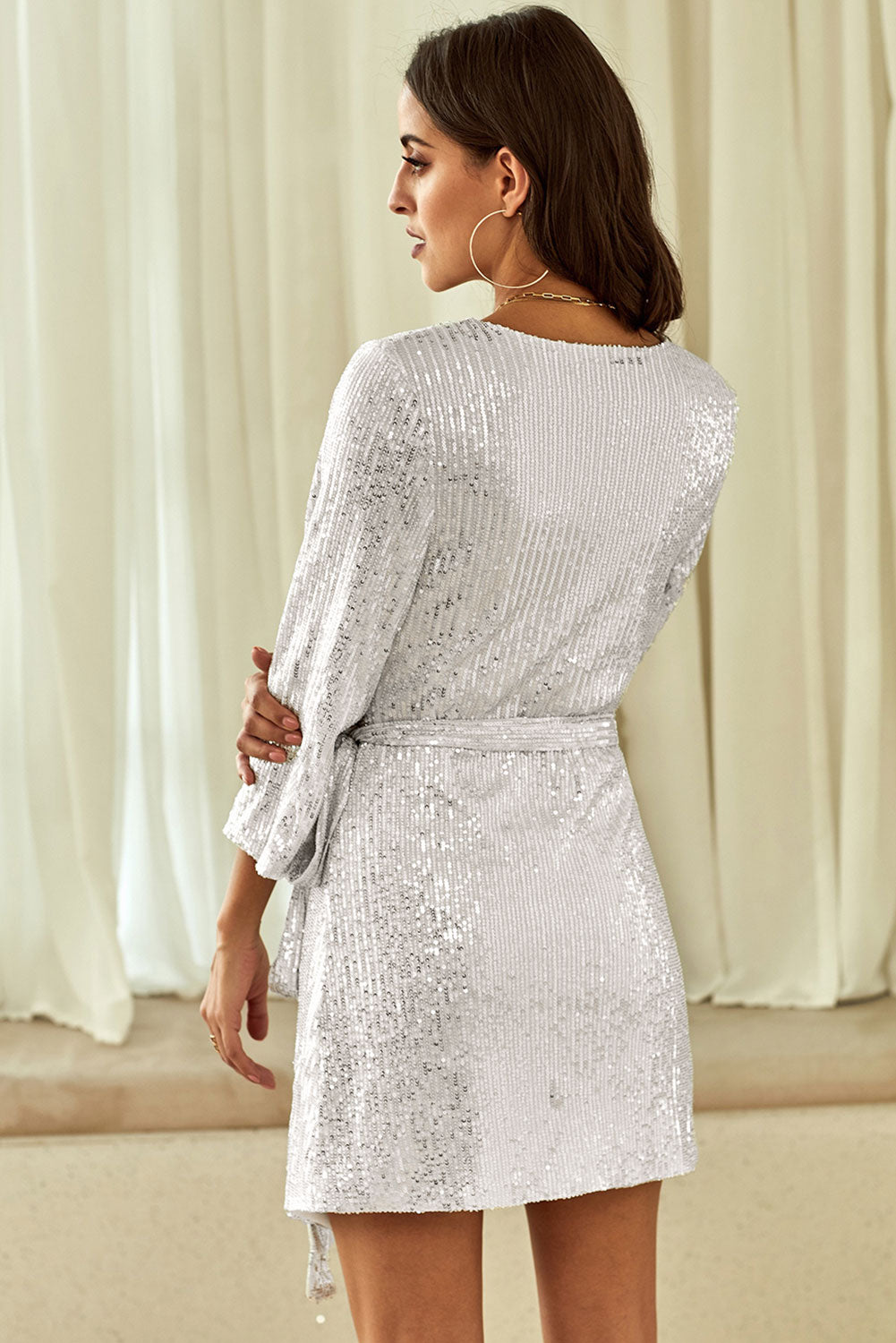 Silver Sequin Wrap Dress with Sash - EBEPEX