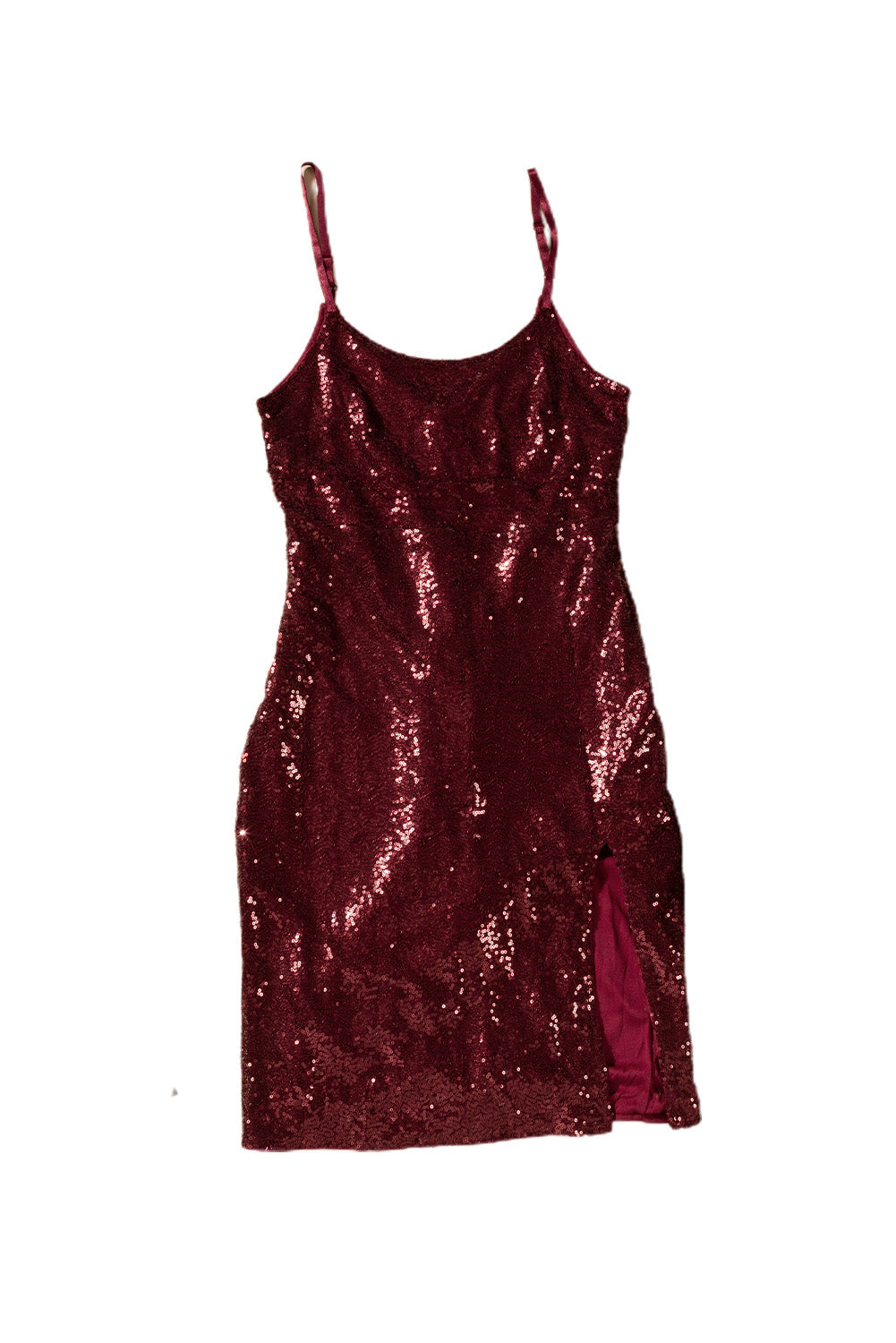 Wine Red Sequin Side Slit Cami Dress - EBEPEX