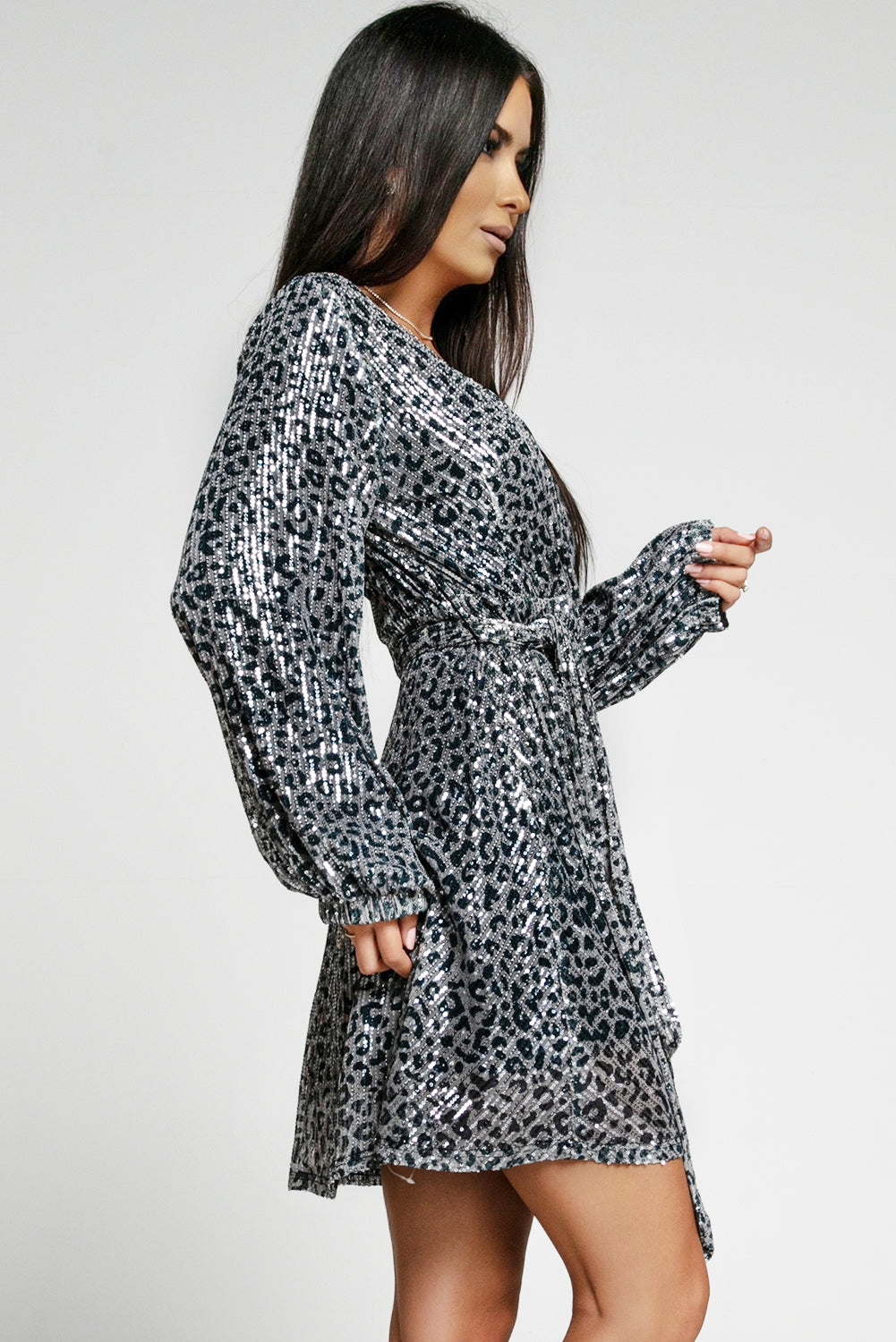 Gray Leopard Sequins V Neck Wrap Dress with Tie - EBEPEX